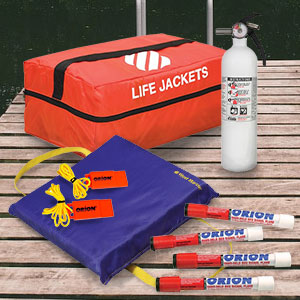 Signal flares, buoyant cushion, whistles, fire extinguisher, life jackets