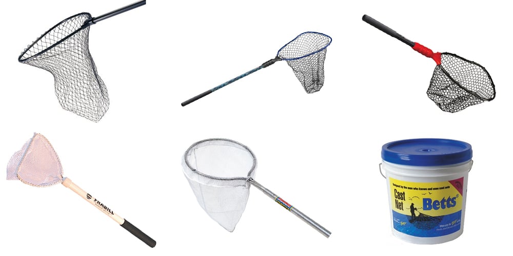 Landing net, bait net, and cast net displayed together for freshwater and saltwater fishing