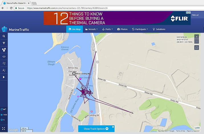 Example of location tracking glitch showing the boat traveling over land