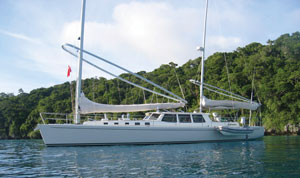 65 foot convergence sailboat at anchor