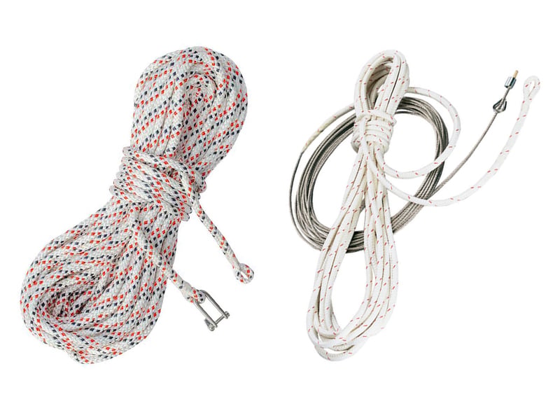 Coiled all rope halyard next to coiled wire to rope halyard