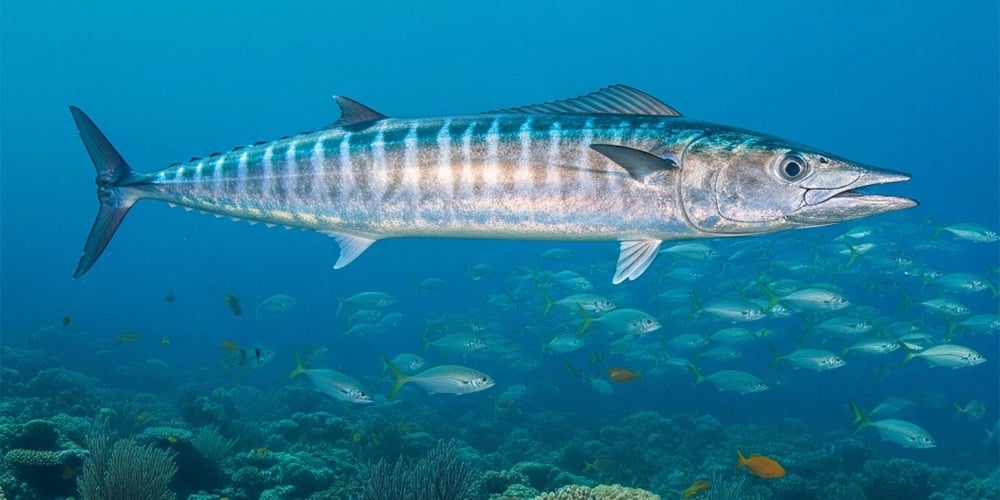 Wahoo caught on a high-speed trolling lure in clear offshore water