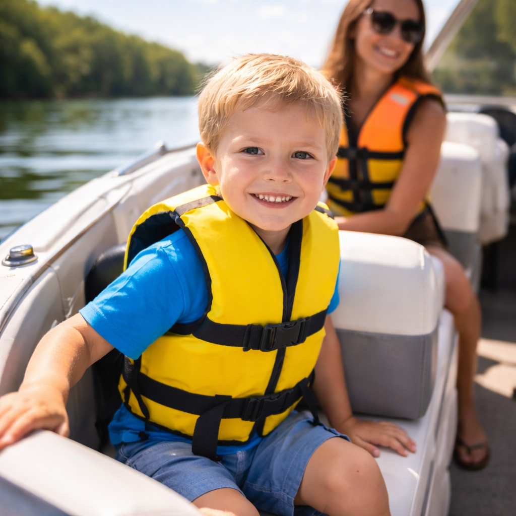 child wearing life jacket while boating according to state safety guidelines
