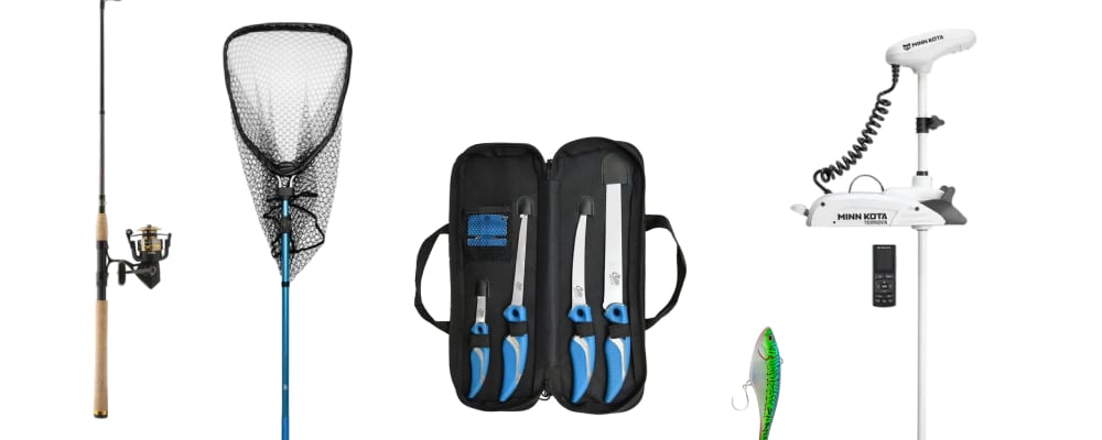 Spinning combo, fishing net, knife set, fishing lure, and trolling motor displayed together