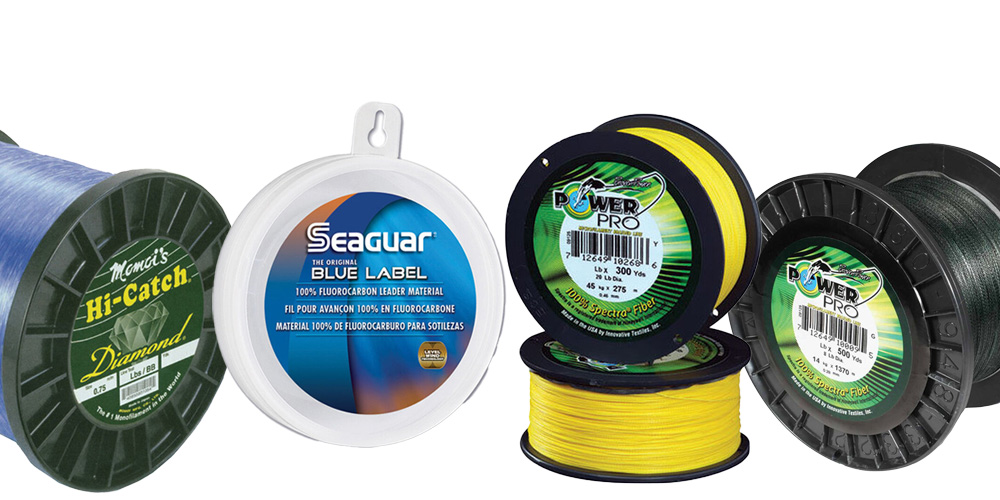 Multiple spools of fishing line and leader material displayed together