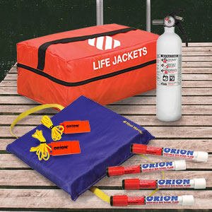 Life jacket valise, buoyant cushion, handheld flares, fire extinguisher, whistles