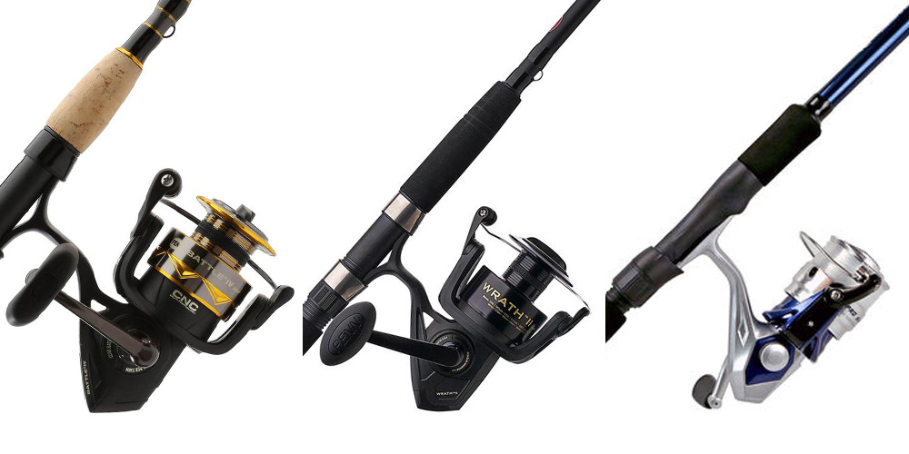 Penn Battle IV, Penn Wrath II, and Okuma Elite Pro spinning combos for surf fishing