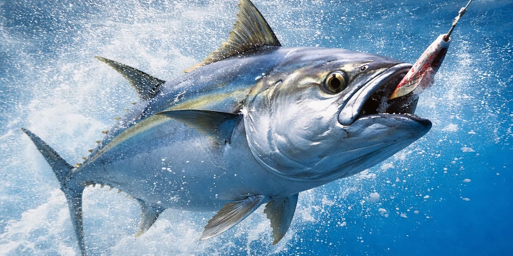 Bluefin tuna being fought by an angler on an offshore charter boat