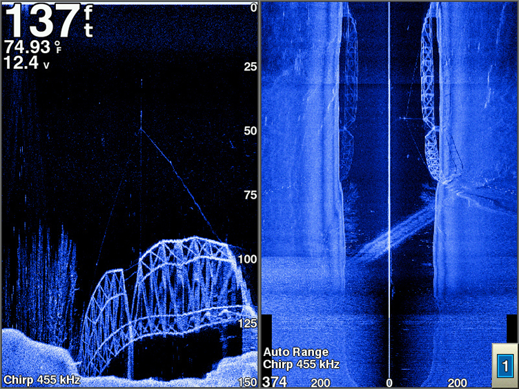 Lake Murray bridge displayed by scanning sonar
