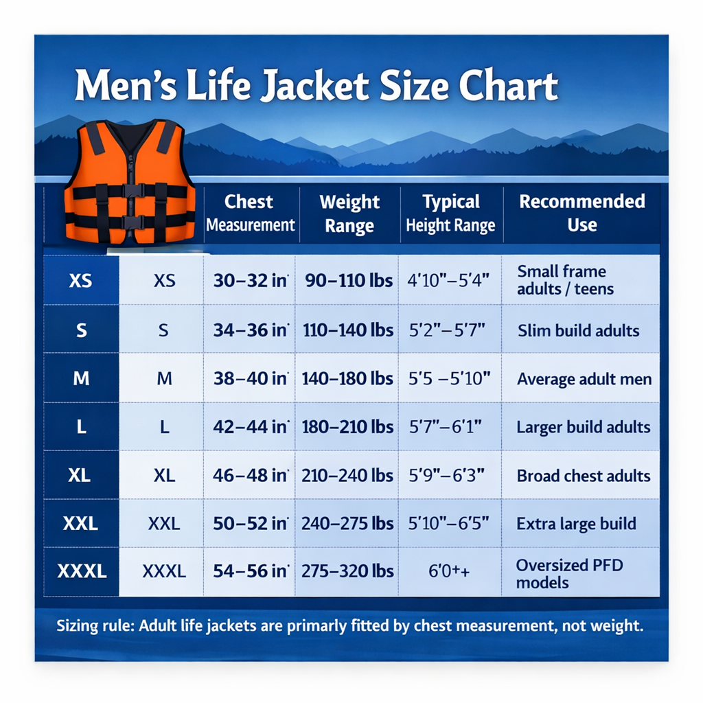 Men's life jacket size chart showing chest measurement, weight, height, and recommended use