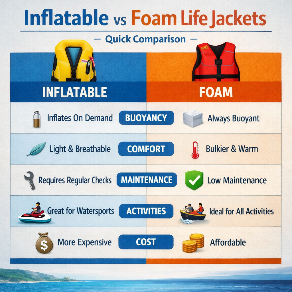 Inflatable vs foam life jacket quick comparison chart