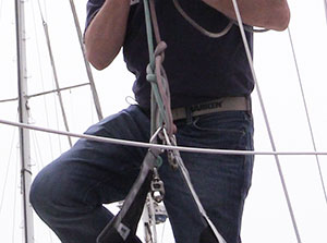 example of bowline knots used to attach bosuns chair to the halyards