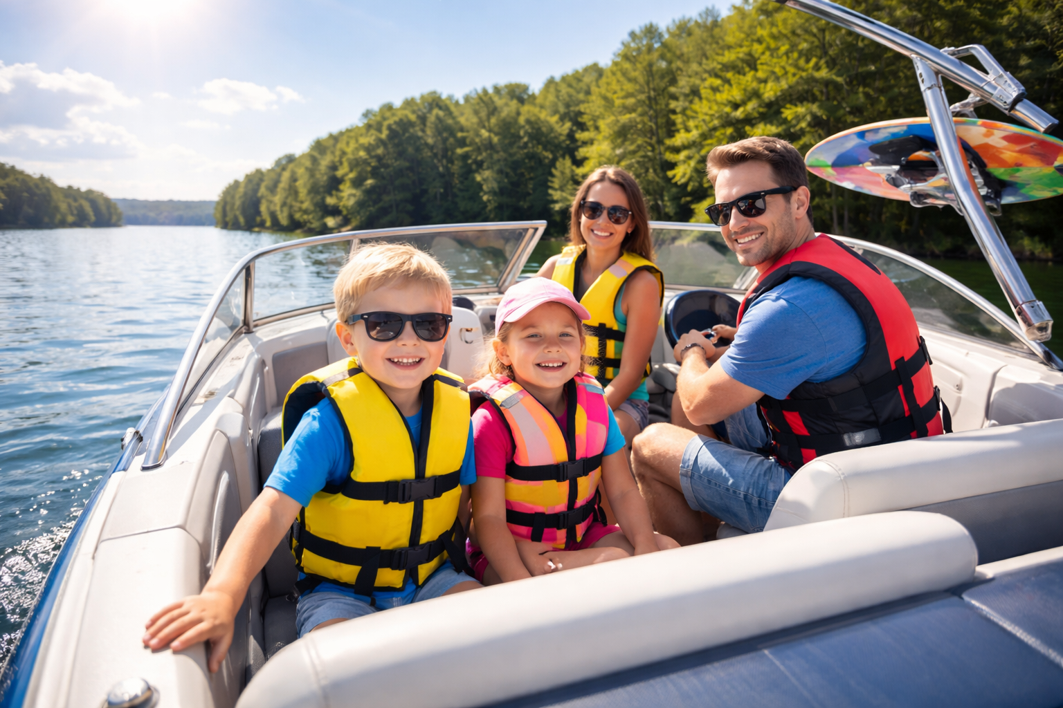 boaters wearing life jackets on a recreational boat following boating safety laws