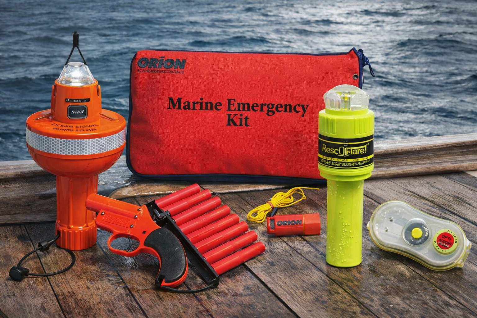 maritime distress and safety equipment arranged on a weathered wooden boat deck with the ocean in the background.