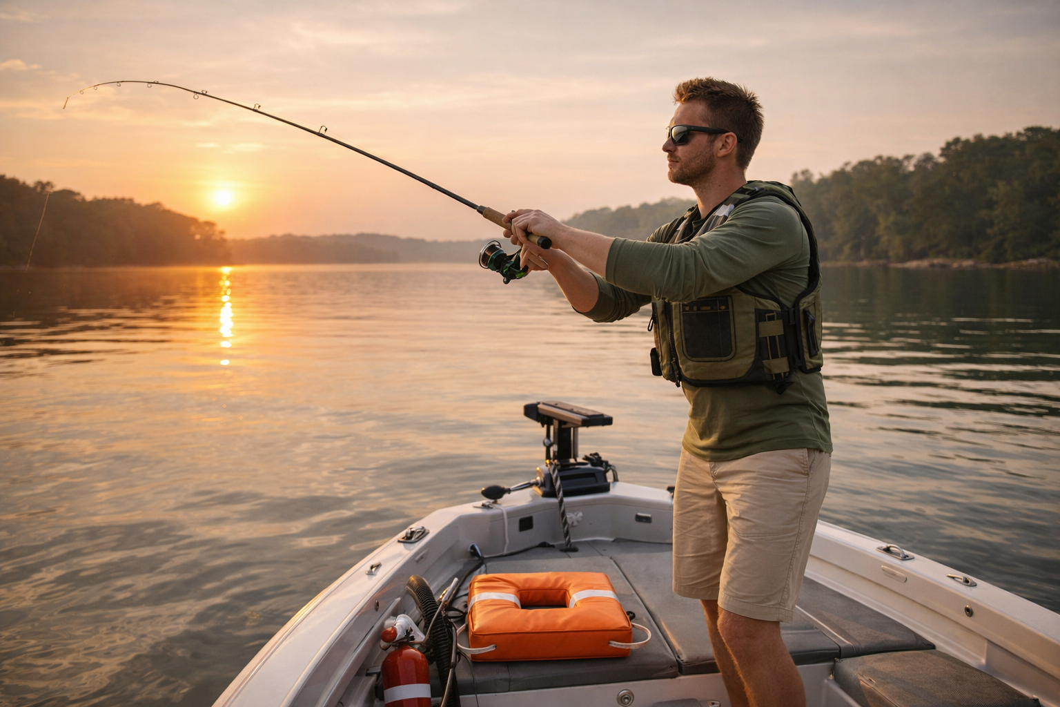 angler wearing a fishing life jacket while casting