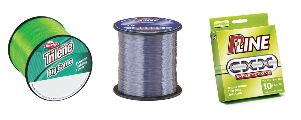 Spools of monofilament fishing line in multiple pound-test weights