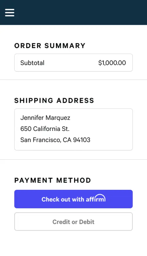 Order Summary screen, showing shipping address, and button to select payment method
