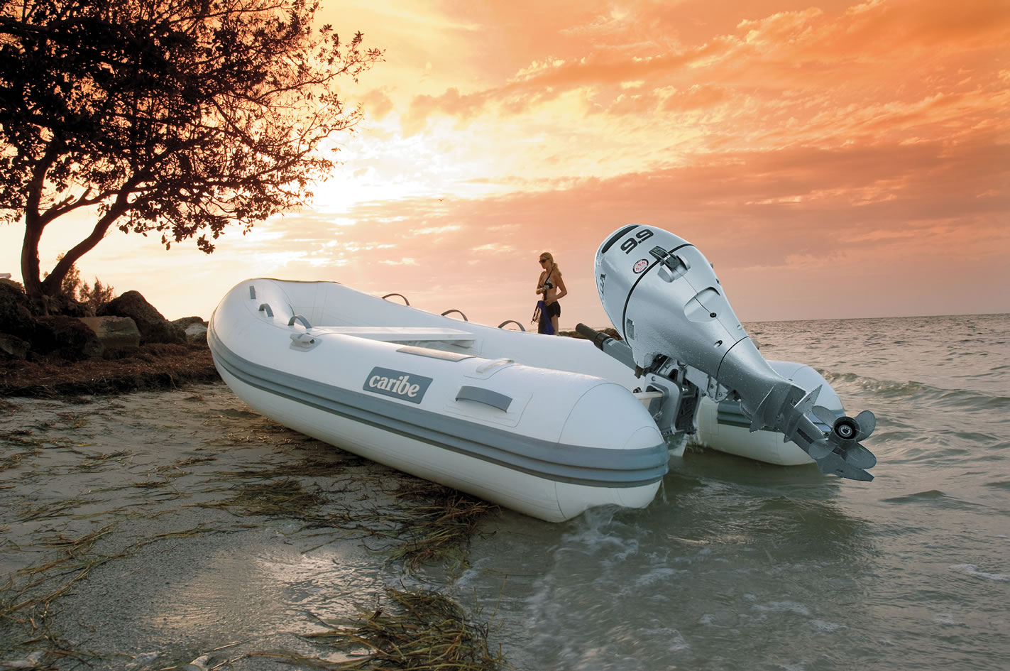 an inflatable boat on the shore with a 9.9 horsepower honda outboard motor attached