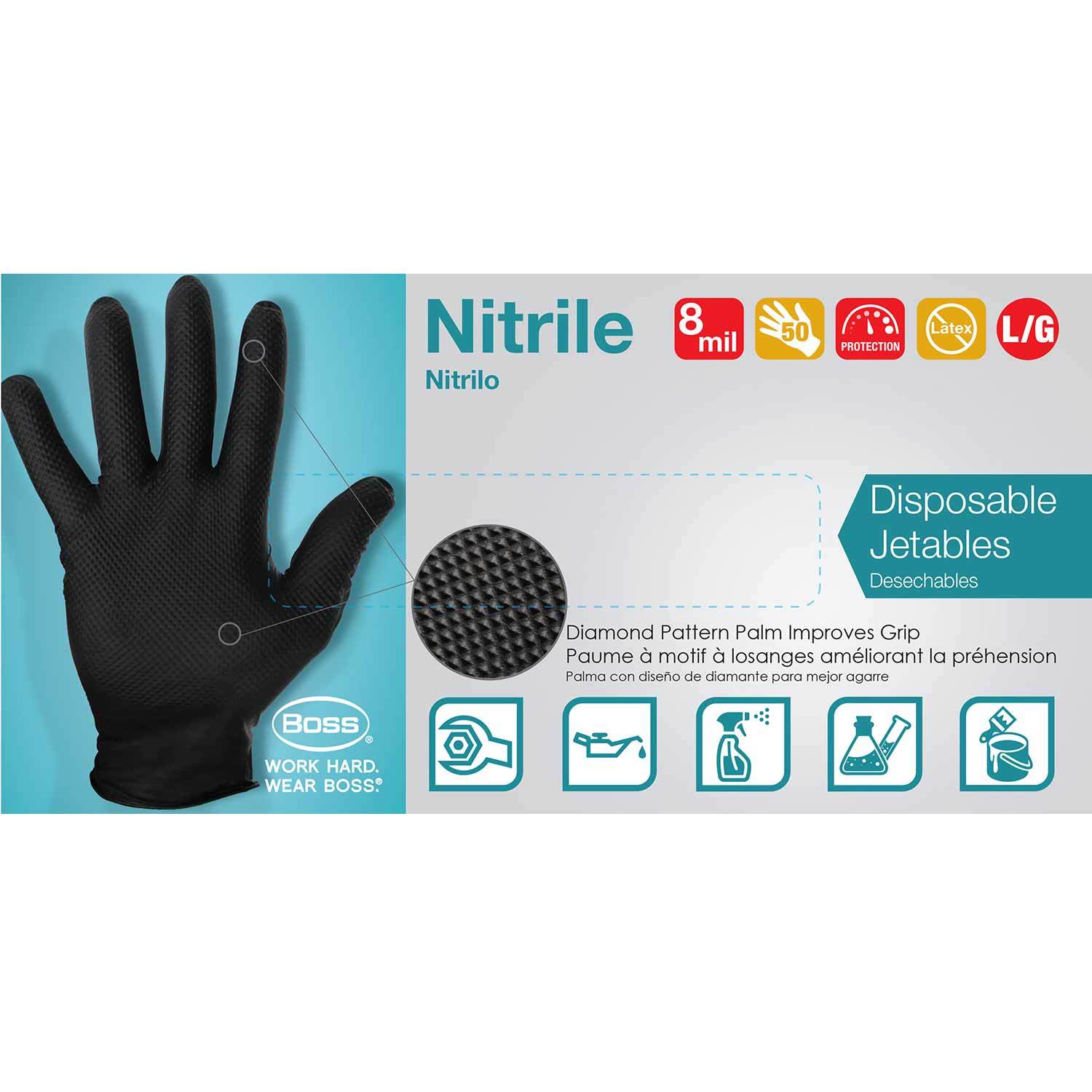 BOSS Nitrile Disposable Powder Free Gloves, X-Large, Black, Box of 50