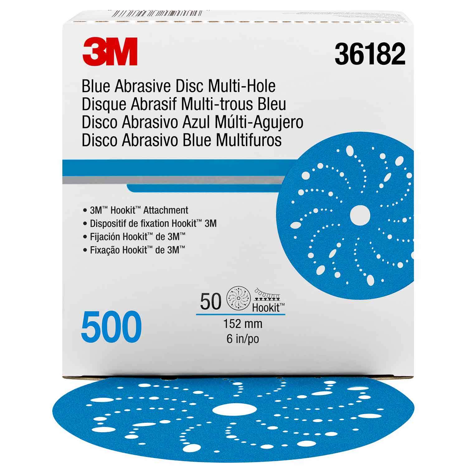 3M Hookit 36182 500 Grit Blue DA Sanding Disc Multi-hole 6 inch-50 Per Box 