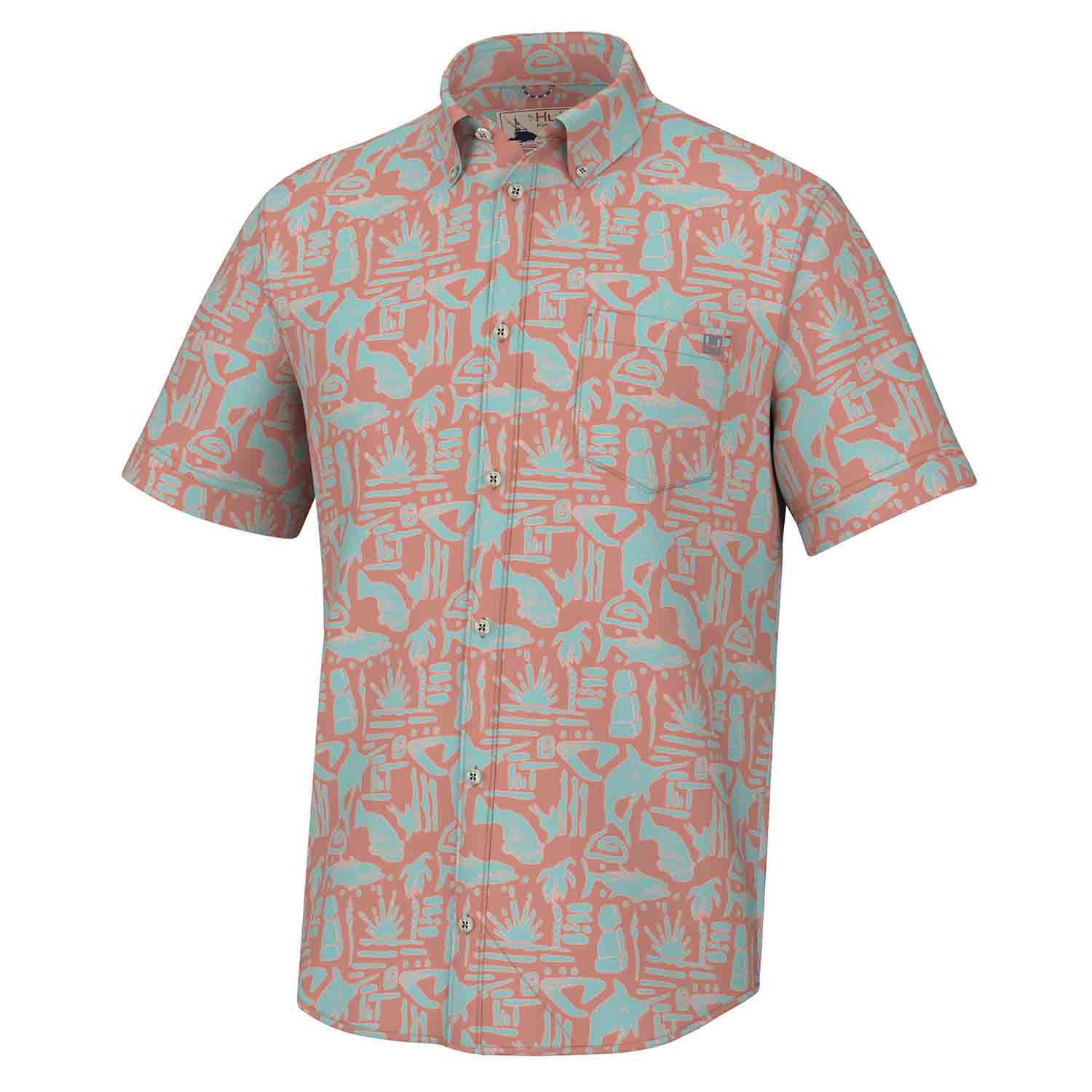 Chemise Huk Homme Taille XL - Gris, Imprimé Floral Rose Kona, Manches Courtes, Pêche