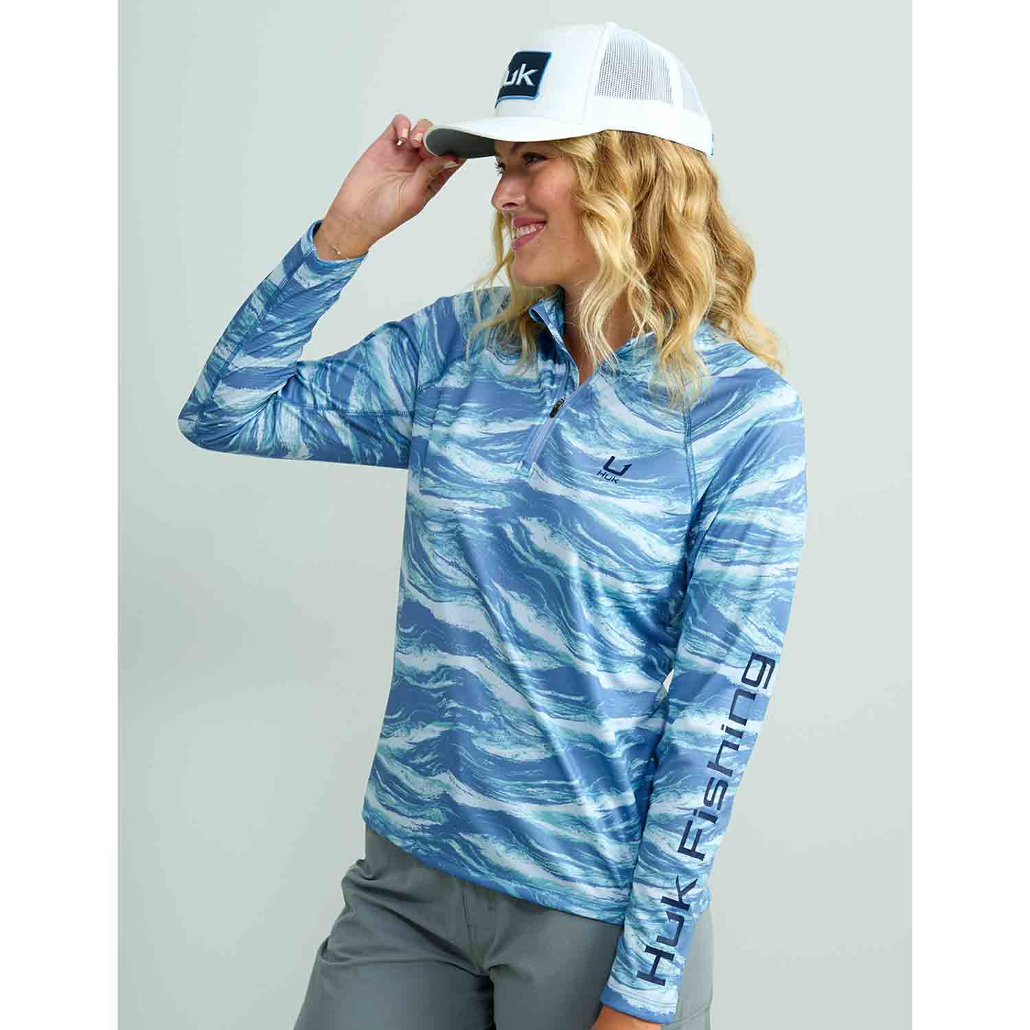 Chemise De Pêche Huk Pour Femme - Gris, Capuche, UV, 1/4 Zip - Taille XL