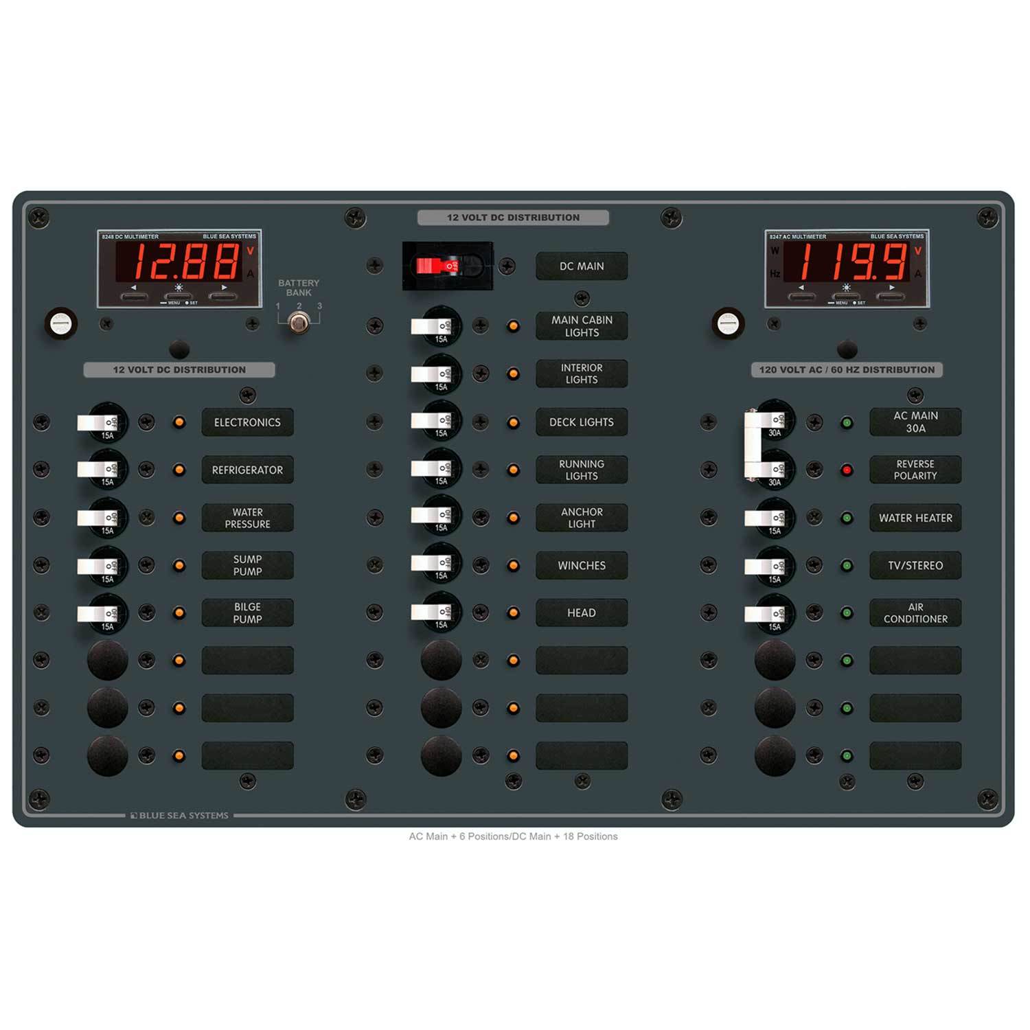 Blue Sea Systems 8027 Traditional Metal AC Panel – Main + 6 Positions, 120VAC, Toggle Breakers, Reverse Polarity LED