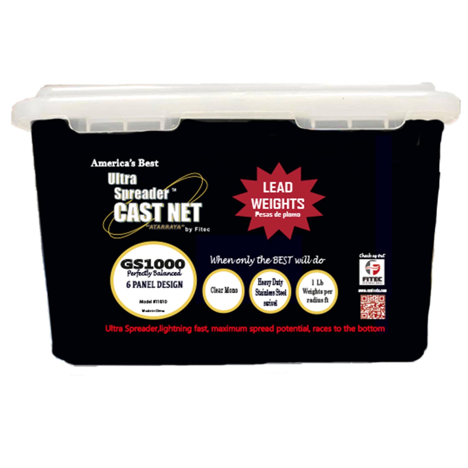 FITEC 8' GS1000 Ultra Spreader Cast Net with Tape Clear Mono Lead