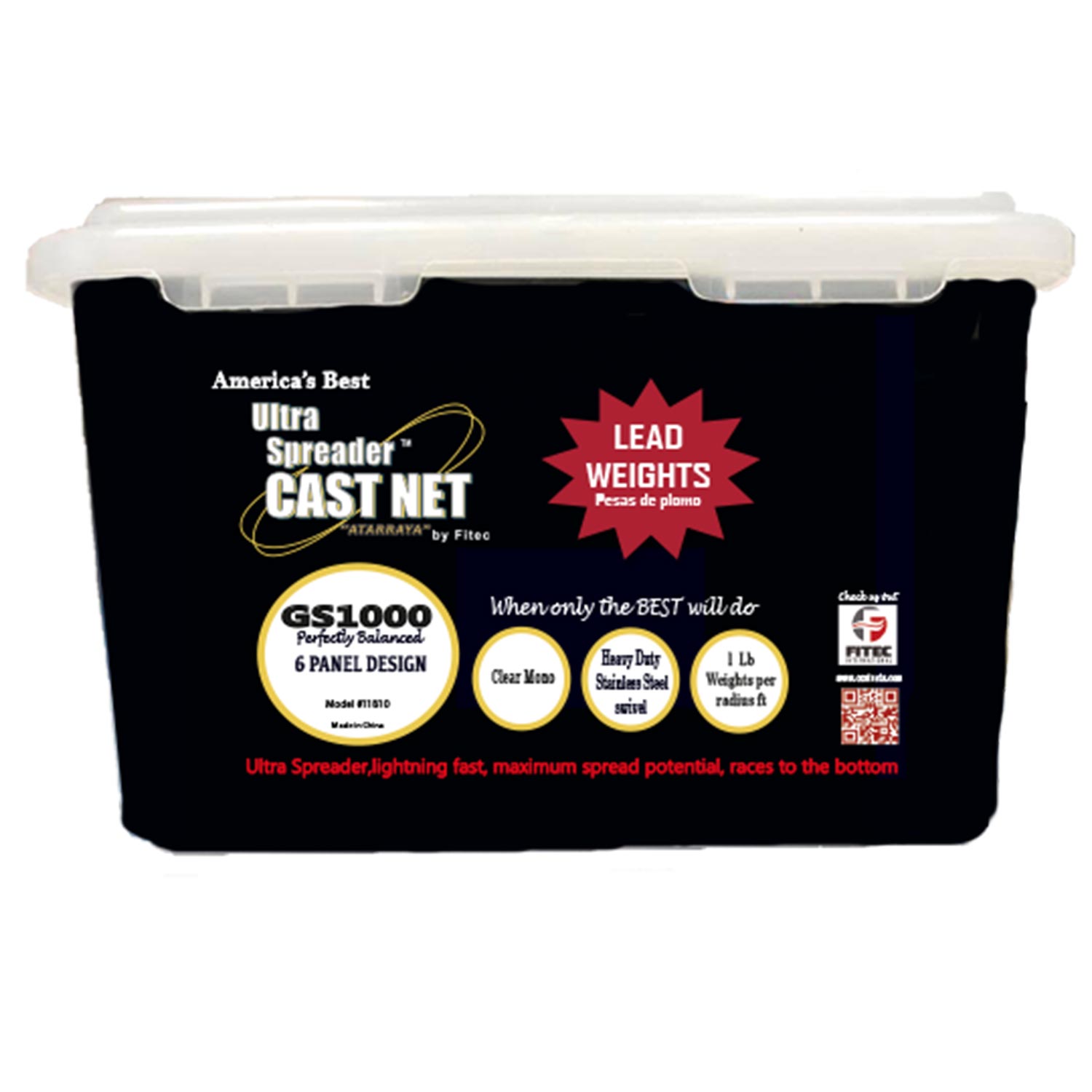 FITEC 8' GS1000 Ultra Spreader Cast Net with Tape Clear Mono Lead, 5/8
