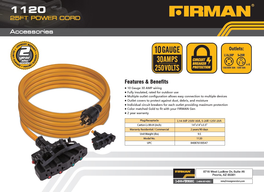 FIRMAN POWER EQUIPMENT 25' Power Cord for Portable Generator, Model