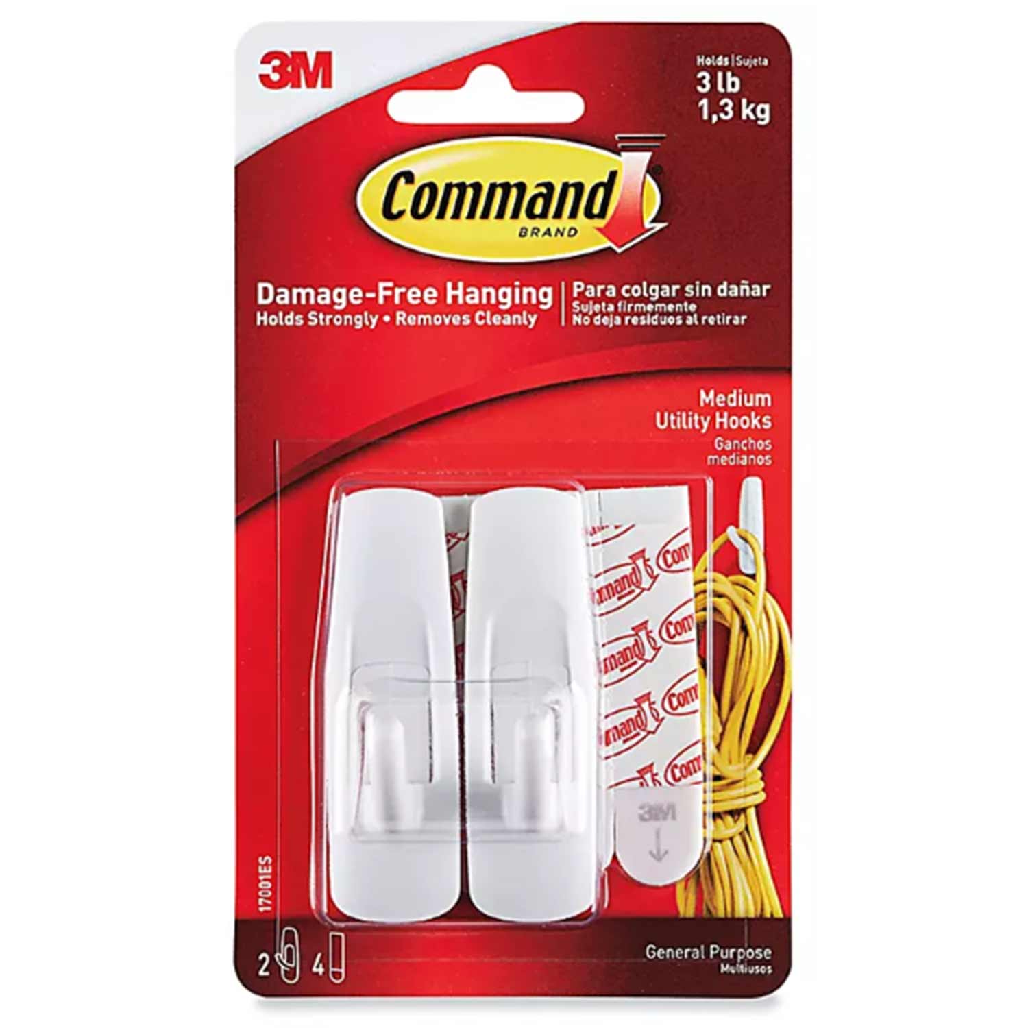 3M Command™ Medium Utility Hooks, 2 Hooks, 4 Strips/Pack